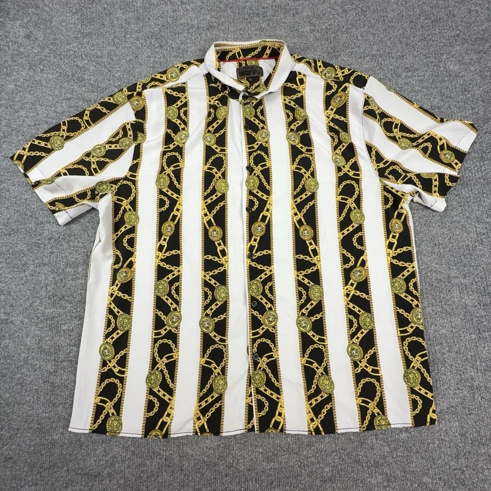 Baroque Gold Shirt Mens 4XL Black White Chain Stripe Short Sleeve Button Up